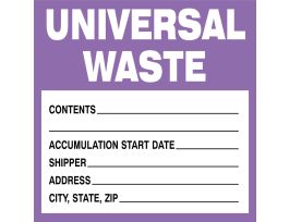 Universal Waste Labels, 6" H x 6" W x 0.004" D, Black/Purple on White