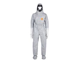 Tychem® 6000 F, Hooded coverall with rubber seal on hood. Back entry with zipper and double flap closure system. Attached gloves & socks, 1/CS, Gray