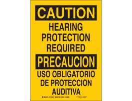 Bilingual CAUTION Hearing Protection Required Sign, 10" H x 7" W x 0.035" D, Aluminum