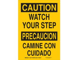 Bilingual CAUTION Watch Your Step Sign, 14" H x 10" W x 0.006" D, Polyester