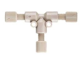 Low-Pressure Tee Assembly, Natural PEEK, 0.050" Bore, 1/8" OD Tubing, 1/4-28 Flat Bottom; 1/EA