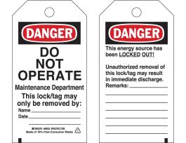 DANGER Do Not Operate Maintenance Department Lockout Tags Polyester 5.75x3 25PK