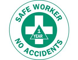 SAFE WORKER NO ACCIDENTS/1 YEAR Hard Hat Labels, 2" Dia, Card of 4 Labels, Green on White