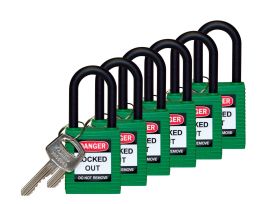 Standard Key Retaining Lockout Nylon Padlock 1.5 in Nylon Shackle KD Green 6PK