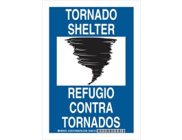 Bilingual Tornado Shelter Sign, 10" H x 7" W x 0.06" D, Black/White on Blue, Polystyrene
