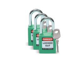 Standard Key Retaining Padlocks Nylon 1.5 in Steel Shackle KA Green 3PK