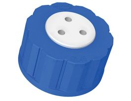Solvent Bottle Cap, GL45, 3 Luer ports with valve, blue; 1/ea