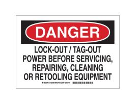 DANGER Lock-Out/Tag-Out Power Before Servicing, Repairing, Cleaning Or Retooling Equipment Sign, 7" H x 10" W x 0.006" D, Polyester