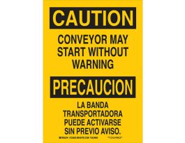 Bilingual CAUTION Conveyor May Start Without Warning Sign, 14" H x 10" W x 0.06" D, Polystyrene