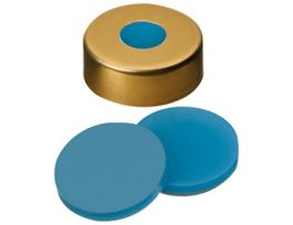 Gold Aluminum/Stainless Steel Magnetic Crimp Cap, 20 mm Dia., UltraClean Silicone/PTFE Septum w/8 mm Hole; 1000/pk