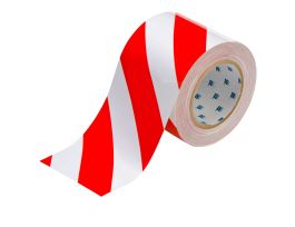 ToughStripe® Floor Marking Tape Roll -  Polyester, Diagonal Stripes, Red on White, 4" x 100'