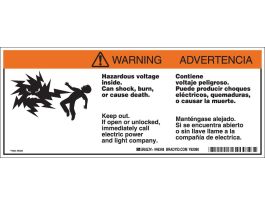 Bilingual WARNING HAZARDOUS VOLTAGE INSIDE. CAN SHOCK, BURN, OR CAUSE DEATH Labels, 4.5" H x 10.75" W x 0.0035" D, Black/Red on White