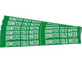 Self-Adhesive Pipe Marker: DOMESTIC COLD WATER, 1.125" H x 7" W, Pack of 5 Each, Fits Pipes 0.75" Dia. Thru 2.375" Dia.