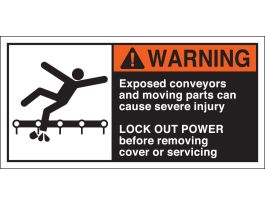 EXPOSED CONVEYORS AND MOVING PARTS CAN CAUSE SEVERE Labels, 2.5" H x 5" W x 0.006" D, Black/Orange/Red on White