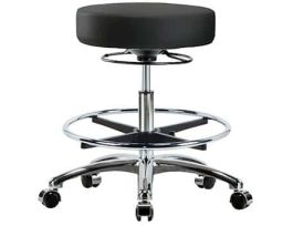 Ergonomic Stool, Vinyl, Bench Height, Black, Chrome Casters, Chrome Foot Ring