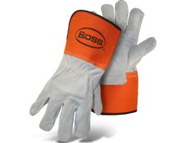 Boss, Split Cow Double Leather Palm, Leather Back, Orange Rubber Gauntlet Cuff LG