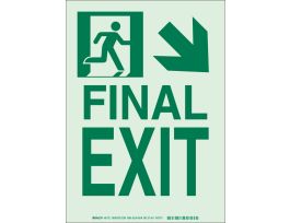 BradyGlo NYC Approved Exit With Running Man And Down/Right Arrow Sign, 14" H x 10" W x 0.0096" D, Laminated