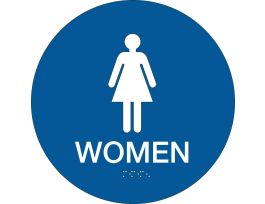 Women Sign, 12" Dia, Plastic, White on Blue