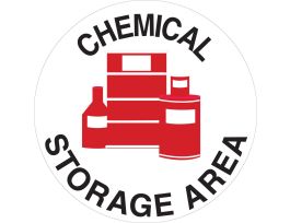 Anti Skid Floor Sign: Vinyl, Black/Red On White, 17" Diameter, Chemical Storage Area