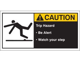 TRIP HAZARD BE ALERT WATCH YOUR STEP Labels, 2.5" H x 5" W x 0.006" D, Black/Yellow on White