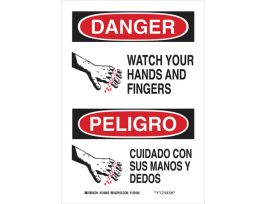 Bilingual DANGER Watch Your Hands And Fingers Sign, 14" H x 10" W x 0.006" D, Polyester