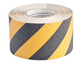 Anti-Skid Tape Roll - Grit-Coated Polyester, Diagonal Stripes, Black on Yellow, 4" x 60'