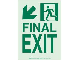 BradyGlo NYC Approved Exit With Running Man And Down/Left Arrow Sign, 14" H x 10" W x 0.0096" D, Laminated