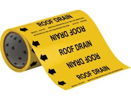 Roll Form Pipe Marker: ROOF Drain, 30' H x 8" W, Roll of 30', Fits Pipes 2" Dia. or Smaller