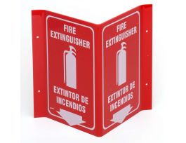 Bilingual V Fire Extinguisher Sign, 11" H x 12" W x 5" D, White on Red, Acrylic