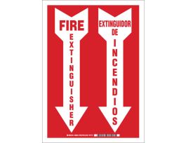 Bilingual Fire Extinguisher Sign, 14" H x 10" W x 0.035" D, White on Red, Aluminum, Arrow Direction: Down