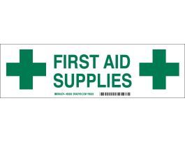 FIRST AID SUPPLIES Label, Green on White, 3.5" H x 12" W x 0.006" D