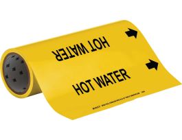 Roll Form Pipe Marker: HOT WATER, 30' H x 12" W x 30' L, Roll of 30', Fits Pipes, 2.5" Dia. Thru 6" Dia.