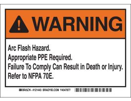 Arc Flash Labels, Refer to NFPA 70E - Adhesive Vinyl, 5" H x 7" W x 0.004" D, Pack of 5 Labels, Black/Orange on White