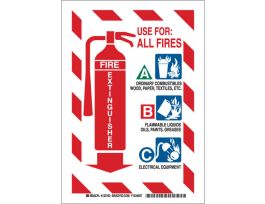 USE FOR ALL FIRES A Ordinary Combustibles, B Flammable Liquids C Electrical Equipment Sign, 10" H x 7" W x 0.006" D, Black/Blue/Green/Red on White, Polyester