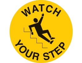 Anti Skid Floor Sign: Vinyl, Black On Yellow, 17" Diameter, Watch Your Step