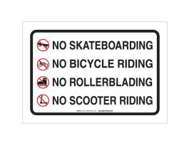 No Skateboarding No Bicycle Riding No Rollerblading No Scooter Riding Sign, 14" H x 20" W x .035" D, Aluminum