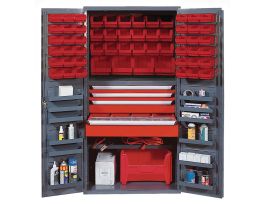 CABINET W/ 56 RED BINS STEEL 36X24X72IN