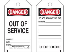Accident Prevention Tags  OUT OF SERVICE 5.75 H x 3 W BK/RD/WH 10/PK