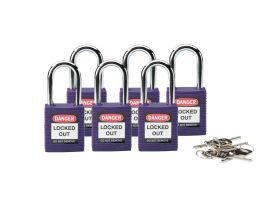 Standard Key Retaining Padlocks Nylon 1.5 in Steel Shackle KA Purple 6PK