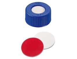 AVCS? Certified Screw Cap, 9 mm, Level 2, Blue Polypropylene, White Silicone/Red PTFE Septa; 100/Pk