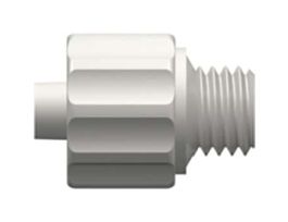 Luer to Threaded Fitting, Straight Adapter, White Nylon, Male Luer Integral Lock Ring x 1/4-28 UNF (M) Thread; 25/Pk